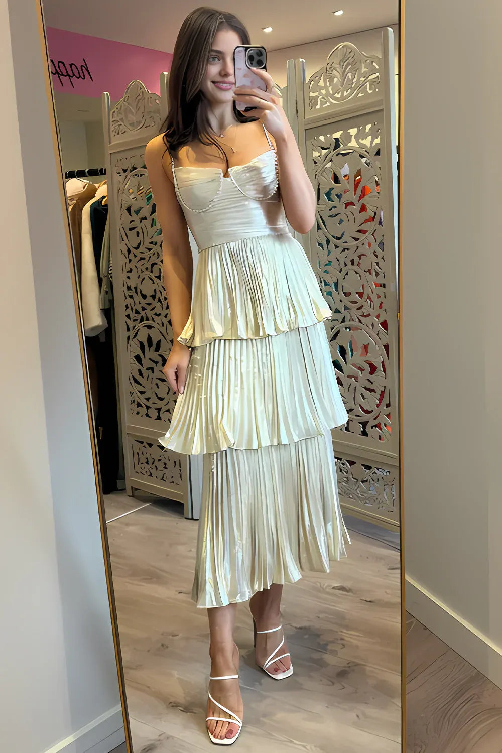 Vestido Weitese brillante de corte A con escote en forma de corazón, color champán, largo hasta la rodilla, con volantes, vestido de fiesta